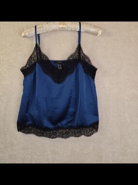 Forever 21 Royal Blue Satin Cami/ Lingerie Top w/ Lace Trim Y2K Inspired Sz M